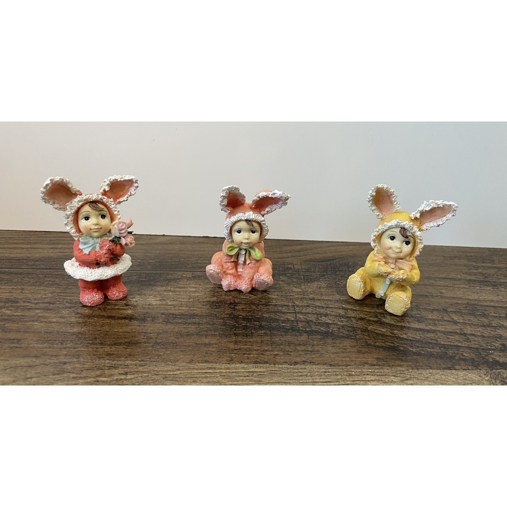 Lot Of 3 Bunny Suit Costume Girl 3" Figurines Holding Flowers Pink Yellow Ears